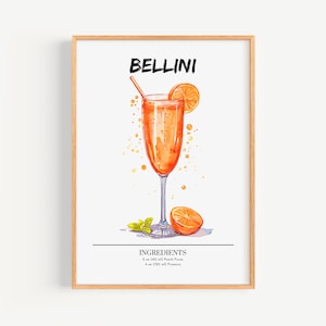 Manifesti Bellini | Decorazione da parete per bar, poster per cocktail | Stampa di drink esclusivi per feste | Stampa Bellini alla moda