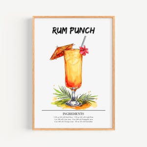 Manifesto del punch al rum | Decorazione da parete per bar, poster per cocktail | Stampa di drink esclusivi per feste | Stampa rum alla moda