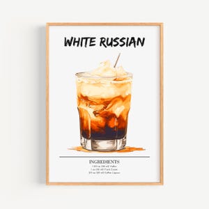 White Russian Poster | Bar Wandkunst Deko Cocktail Poster | Party Signature Drink Print | Trendiger White Russian Druck