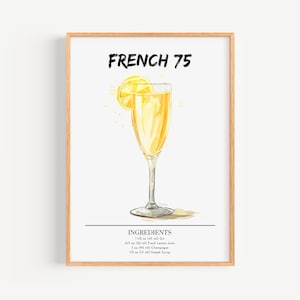 French 75 Poster | Bar Wandkunst Deko Cocktail Poster | Party Signature Drink Print | Trendiger French 75 Druck