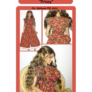 May include: A red and green floral print dress with a ruffled neckline and short sleeves. The dress is designed for a doll and includes a petticoat. The image text reads "Easing the Pattern "Prissy" (for Iplehouse EID Girls) One-Piece Dress with Petticoat."