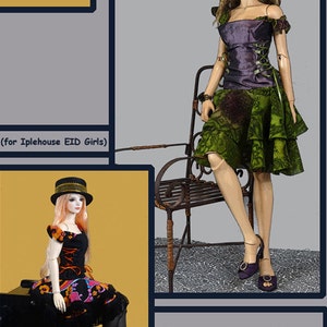 May include: Two dolls wearing different outfits. The doll on the left is wearing a black and pink dress with a black hat. The doll on the right is wearing a purple and green dress and sitting on a metal chair. The text "Flirty" is in a yellow box above the doll on the left. The text "Easing the Pattern" is in a gray box below the doll on the right.