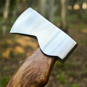 May include: Close-up of a polished steel axe head with a curved blade. The axe head is mounted on a wooden handle with a rich, dark grain. The background is a blurred forest scene.