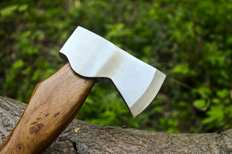 May include: Close-up of a hatchet with a polished steel blade and a wooden handle. The axe head is silver, and the handle is a warm brown color. The hatchet is resting on a log with a blurred green background.