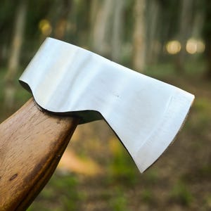 May include: Close-up of a steel axe head with a wooden handle. The axe head is silver and the handle is a warm brown color. The axe is angled, with the blade facing the viewer. The background is blurred, showing a forest.