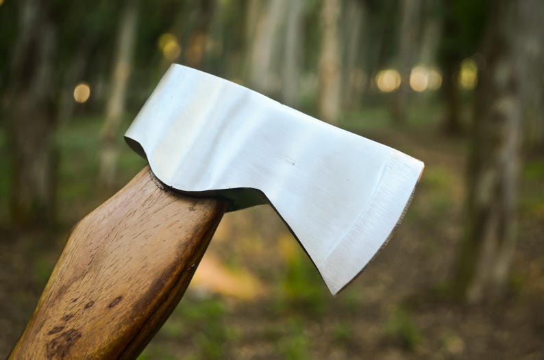 May include: Close-up of a steel axe head with a wooden handle. The axe head is silver and the handle is a warm brown color. The axe is angled, with the blade facing the viewer. The background is blurred, showing a forest.