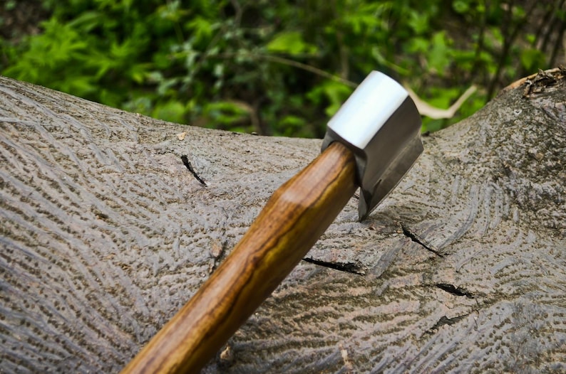 May include: A small axe with a polished metal head and a wooden handle. The handle has a natural wood grain pattern. The axe is resting on a textured, gray tree trunk, with green foliage in the background.