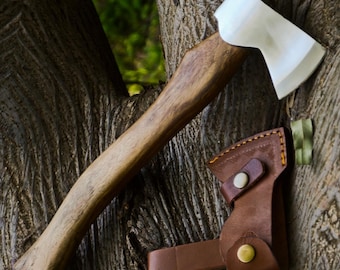 Hand Forged Carbon Steel Viking Axe - Handmade Bushcraft Hatchet with Ash Handle & Leather Sheath, Camping Gift for Him