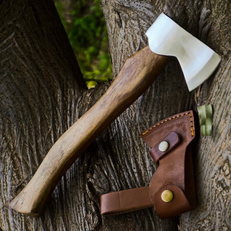 May include: A small axe with a wooden handle and a silver blade, resting against a tree. A brown leather sheath with a belt loop and a snap closure protects the blade. The axe is designed for outdoor use.