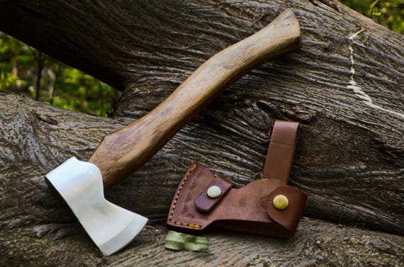 Hand Forged Carbon Steel Viking Axe - Handmade Bushcraft Hatchet with Ash Handle & Leather Sheath, Camping Gift for Him