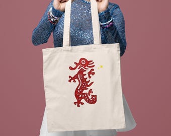 Red Dragon Mahjong Cotton Tote Bag: Game Night Accessory