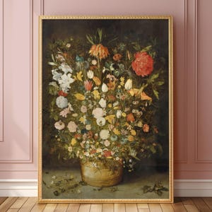 May include: A still life painting of a large bouquet of colorful flowers in a terracotta pot. The flowers include red, pink, white, yellow, and orange blooms. The painting is set against a dark background.
