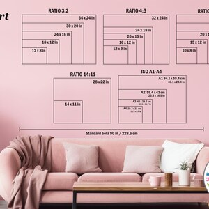 A wall art size guide illustrates various image ratios and sizes compared to a standard 90-inch couch.