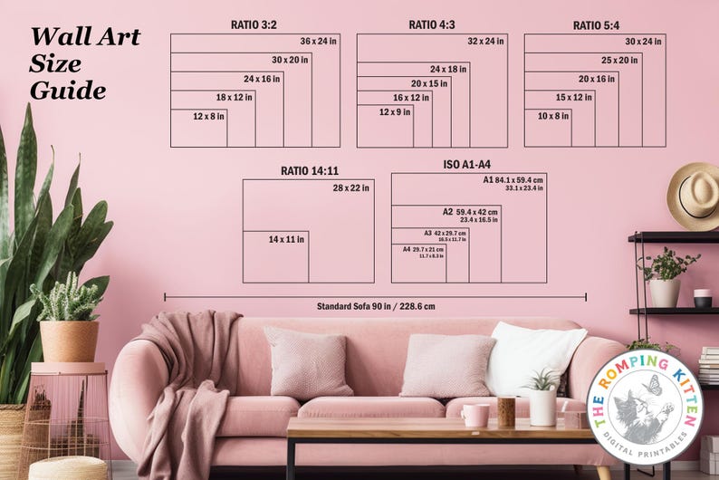 A wall art size guide illustrates various image ratios and sizes compared to a standard 90-inch couch.