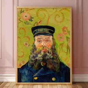 May include: A painting of a man with a thick beard wearing a blue uniform with the word "POSTES" on his hat. The background is a green and yellow floral pattern.