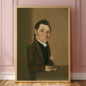 May include: A portrait painting of a man wearing a brown coat and a white cravat. He is sitting in a green chair and holding a small object in his right hand. The background is a muted brown.