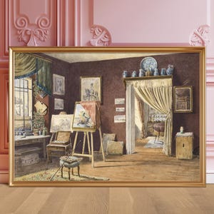May include: A watercolor painting depicting an artist's studio with an easel, canvases, and a window overlooking a cityscape. The studio is decorated with paintings, a mirror, and a collection of blue and white porcelain.