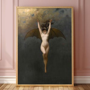 Kobieta-nietoperz autorstwa Alberta Josepha Penota | Vintage Fine Art Digital Download | Gotycki, kobiecy, mroczny akademicki czarowniczy fantasy Halloween Print