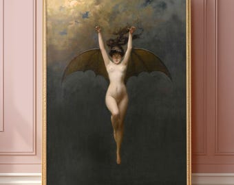 De vleermuisvrouw door Albert Joseph Penot | Vintage kunst digitale download | Gothic, vrouwelijk, donkere academische wereld Heksenfantasie Halloween-print
