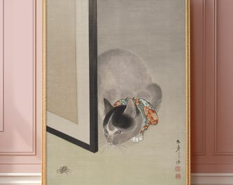 Cat Watching a Spider by Oide Tōkō | Vintage Japanese Cat Fine Art Digital Download | Minimalist Nihonga Print, Whimsical Asian Decor