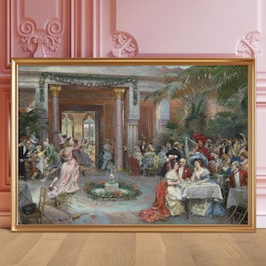 May include: A painting depicting a grand ballroom scene with people in elegant attire dancing and socializing. The room is decorated with lush greenery and a fountain in the center. The painting is framed in a gold frame.