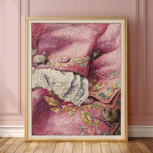 May include: A watercolor painting of a pink fabric with embroidered flowers and three small mice. The fabric is folded and draped over a white lace tablecloth. The mice are brown and white and are peeking out from under the fabric.