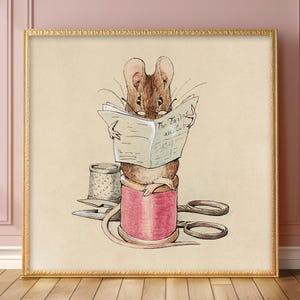May include: A cartoon mouse wearing spectacles sits on a reel of red thread, reading a newspaper titled "The Tailor and Cutter".  The mouse is surrounded by sewing supplies, including a thimble and scissors.