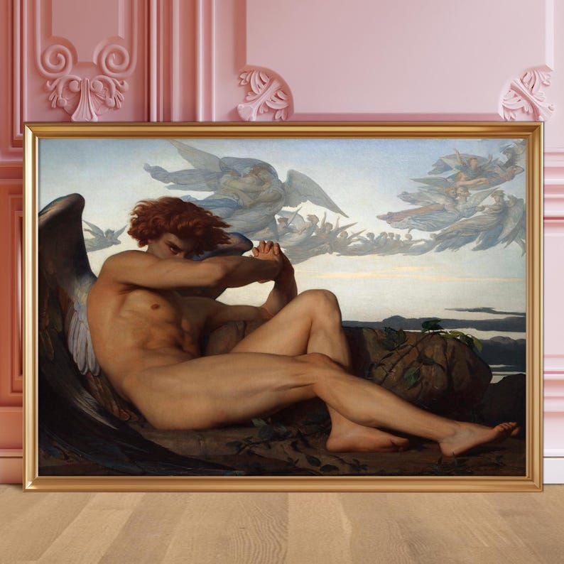 Digital download. A muscular, nude male angel with dark wings sits curled on a rock, staring defiantly with teary eyes. In the sky behind him, host of angels fly in the distance, fading into the heavens.
