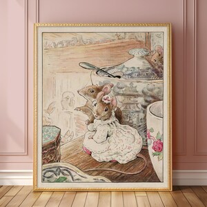 May include: Two mice in dresses are looking out of a window. The mouse in the front is wearing a pink dress with white flowers. The mouse in the back is wearing a brown dress. They are standing on a wooden surface with a blue and white porcelain bowl and a spoon in front of them.
