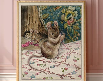 May include: A vintage illustration of three mice sewing with pink thread on a floral patterned fabric. The mouse in the foreground is holding a needle and thread in its paws.