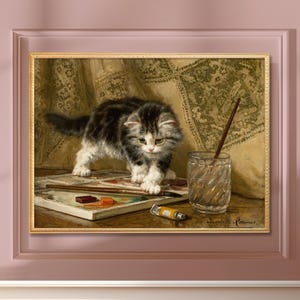 The Young Artist by Henriette Ronner-Knip | Cat Playing With Paint | Vintage Fine Art Download | Playful Kitten, Charming, Cute & Fun Art