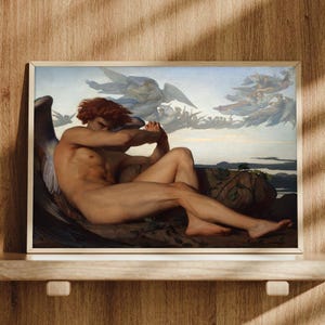 The print is displayed in a frame, leaning on a shelf with a warm wooden background.