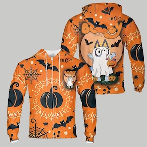 Booey Halloween Cotton 3D Hoodie Booey Ghost Shirt Funny Spooky Season Crewneck Cartoon Dog Halloween All Over Zip Hoodie Trick or Treat