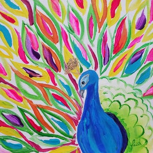SHINE – Vibrant Peacock Acrylic Painting on Canvas, Whimsical Colorful Wall Art — 12x12