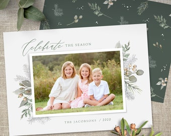 Christmas Photo Card Printable Template Holiday Photo Card Instant Download or Printed Cards / Natural-Foliage
