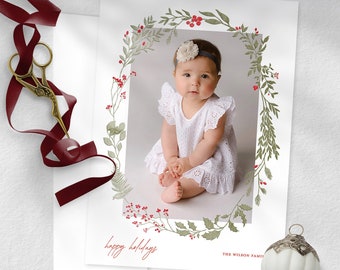 Christmas Photo Card Printable Template Holiday Photo Card Instant Download or Printed Cards / Holly Wreath