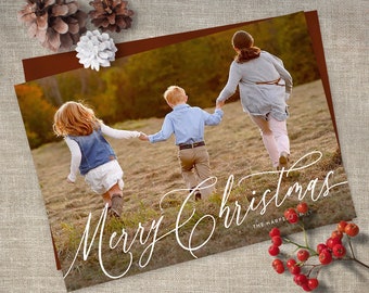 Christmas Photo Card Printable Template Holiday Photo Card Instant Download or Printed Cards / Merry Script