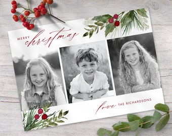 Christmas Photo Card Printable Template Holiday Photo Card Instant Download or Printed Cards / Bright-Berries
