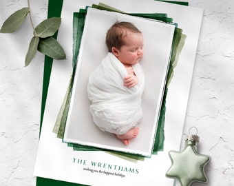 Christmas Photo Card Printable Template Holiday Photo Card Instant Download or Printed Cards / Watercolor Paper Edges