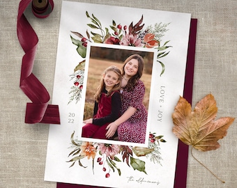 Christmas Photo Card Printable Template Holiday Photo Card Instant Download or Printed Cards / Fall-Bouquet watercolor