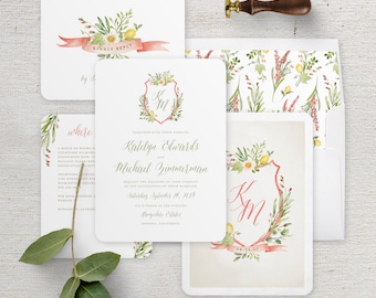 Watercolor Boho Tuscan Heraldry Crest Monogram Wedding Invitations