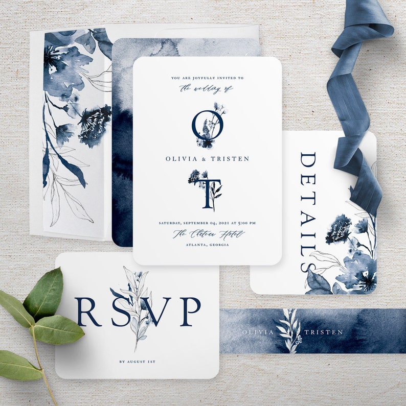 Boho Watercolor Floral Monogram Wedding Invitation Suite image 0