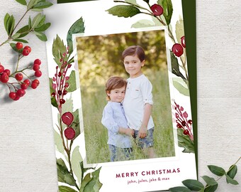 Christmas Photo Card Printable Template Holiday Photo Card Instant Download or Printed Cards / Extensive Berries
