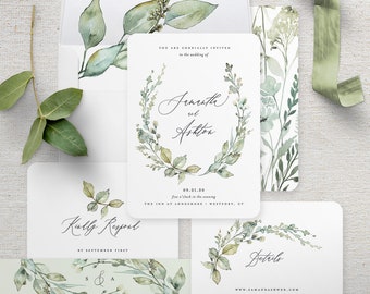 Watercolor Boho Greenery Wedding Invitations Suite - Verdant Wreath