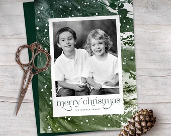 Christmas Photo Card Printable Template Holiday Photo Card Instant Download or Printed Cards / Snowy Boughs