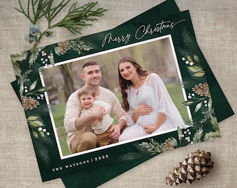 Christmas Photo Card Printable Template Holiday Photo Card Instant Download or Printed Cards / Natural Sprays