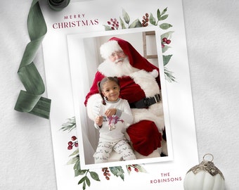 Christmas Photo Card Printable Template Holiday Photo Card Instant Download or Printed Cards / Leafy Celebration