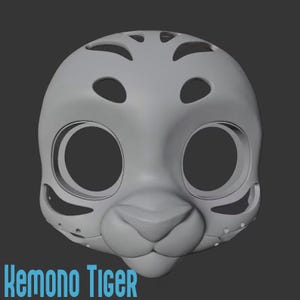 Puede incluir: Una base de máscara de animal estilizada de color gris claro con grandes aberturas oculares circulares, un hocico redondeado y patrones de corte simétricos en la frente y las mejillas. El texto Kemono Tiger está impreso en azul claro.