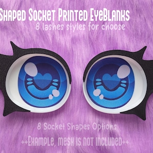 Puede incluir: Dos ojos impresos con iris azules y detalles negros. El texto "SHAPED SOCKET PRINTED EYEBLANKS" y "8 lashes styles for choose" es visible. También se lee "8 Socket Shapes Options" y "++EXAMPLE, mesh IS NOT INCLUDED++".