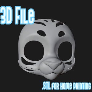 Puede incluir: Una máscara felina gris claro renderizada en 3D, con grandes aberturas para los ojos y una nariz y boca detalladas. El texto "3D FILE" está en la parte superior y "STL FOR HOME PRINTING" en la inferior, ambos en azul claro.